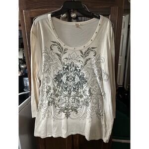 Reba‎ 3XL Beige T-shirt Top Long Sleeve Women's Tee Gold Country Western Cowgirl